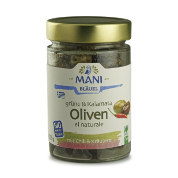 Grüne u Kalamata Oliven Chili u Kräutern mit Stein, 205g
